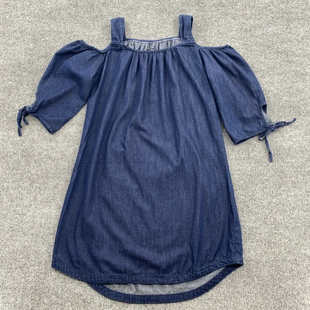 Max Jeans Denim Dress Womens Medium Blue Cold Shoulder Tie Sleeve Boho Casual - Picture 1 of 10